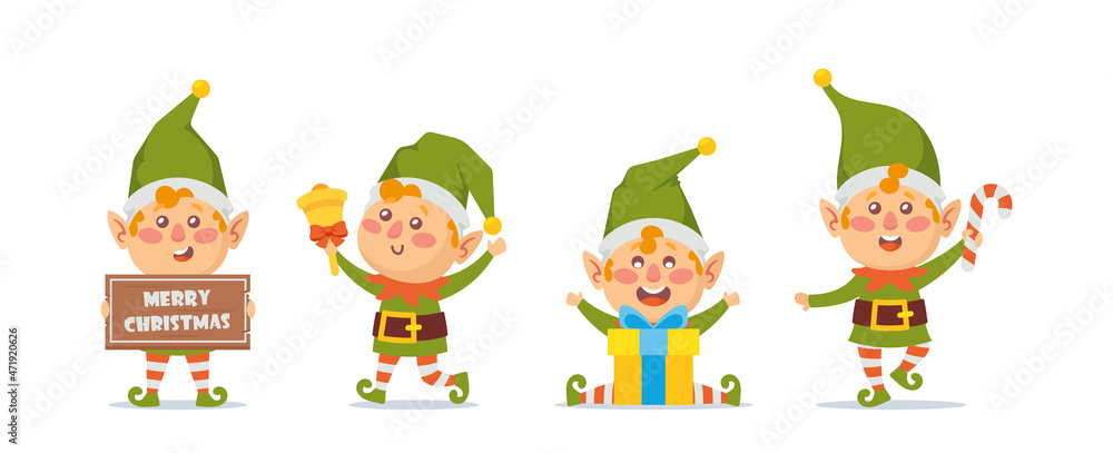 Christmas Elves Isolated on White Background. Bundle of Santa Helpers Holding Holiday Sweets, Gifts and Decorations