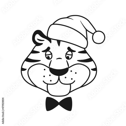 Black and white outline upset striped tiger in Santa hat head isolated on white background. Cute unhappy wild cat line coloring page. New Year symbol Holiday sad animal face sketch vector illustration