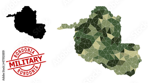 Polygonal mosaic map of Rondonia State, and rough military stamp print. Lowpoly map of Rondonia State designed with chaotic camouflage colored triangles. photo