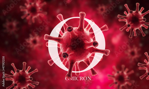 Omicron COVID-19 variant poster, 3d illustration. Microscopic view of coronavirus germs