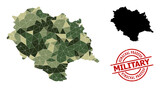 Low-Poly mosaic map of Himachal Pradesh State, and distress military stamp imitation. Low-poly map of Himachal Pradesh State is combined of scattered camo colored triangles.