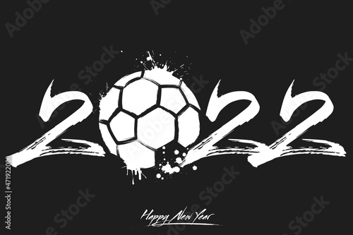 Numbers 2022 and a abstract handball ball made of blots in grunge style. Design text logo Happy New Year 2022. Template for greeting card, banner, poster. Vector illustration on isolated background