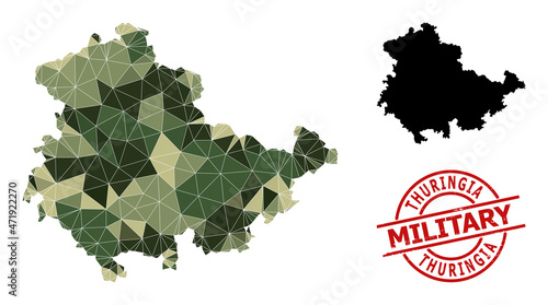Low-Poly mosaic map of Thuringia State, and distress military stamp imitation. Low-poly map of Thuringia State is designed of random camo colored triangles.