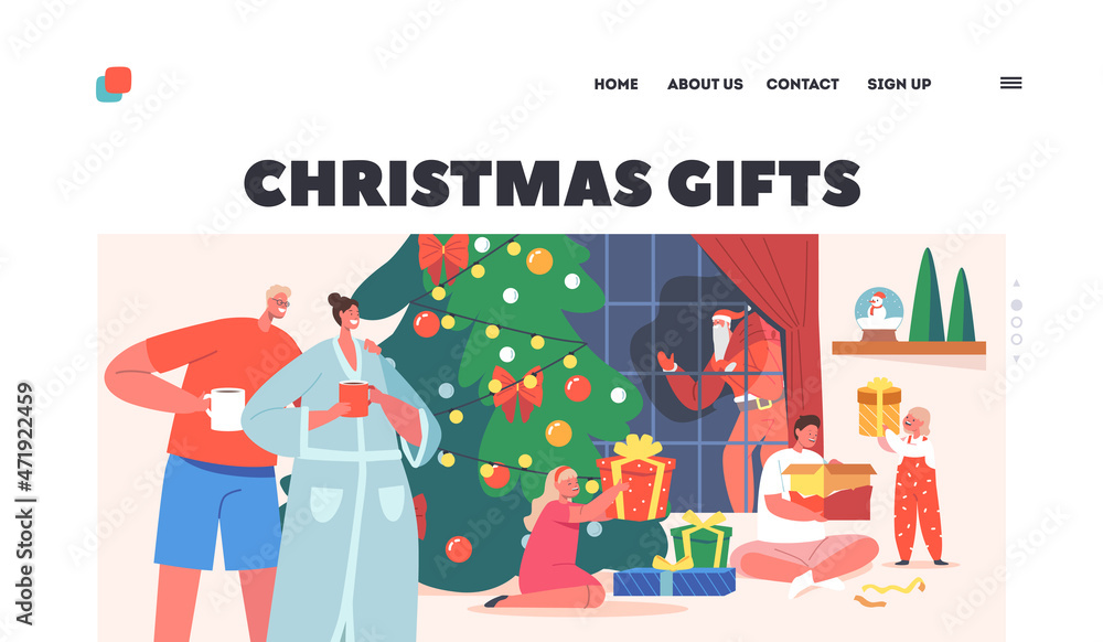 Christmas Gifts Landing Page Template. Big Happy Family Xmas Celebration, Parents and Kids Open People Celebrate