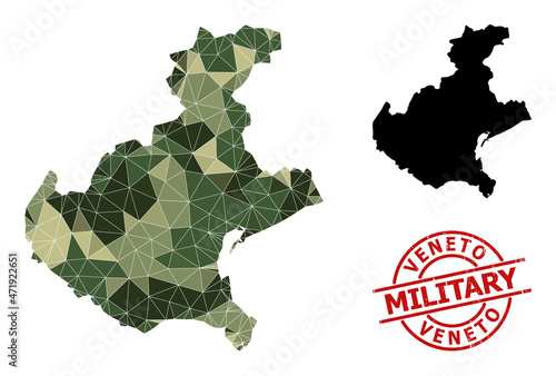 Low-Poly mosaic map of Veneto region, and rubber military stamp imitation. Low-poly map of Veneto region is designed from random camo colored triangles.