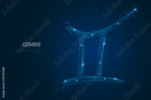 Abstract futuristic image of gemini zodiac sign. Astrological horoscope characteristic. Polygonal vector illustration looks like stars in the blask night sky in spase. Digital low poly design.