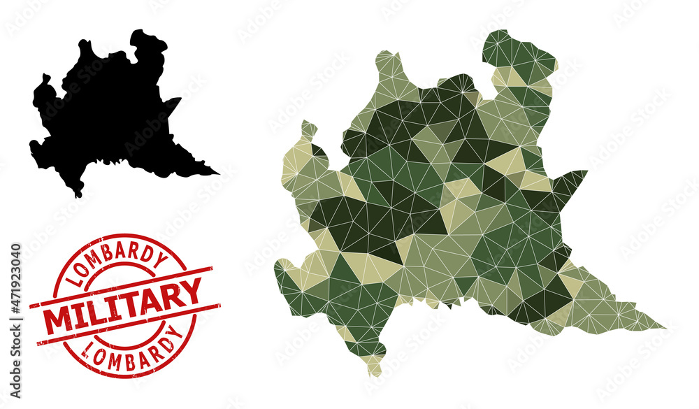 Lowpoly mosaic map of Lombardy region, and unclean military stamp imitation. Lowpoly map of Lombardy region is designed of scattered khaki filled triangles. - obrazy, fototapety, plakaty 