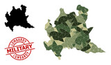 Lowpoly mosaic map of Lombardy region, and unclean military stamp imitation. Lowpoly map of Lombardy region is designed of scattered khaki filled triangles.