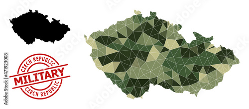 Low-Poly mosaic map of Czech Republic, and rough military stamp imitation. Low-poly map of Czech Republic designed from scattered khaki filled triangles.