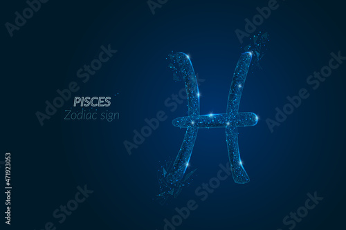Abstract futuristic image of pisces zodiac sign. Astrological horoscope characteristic. Polygonal vector illustration looks like stars in the blask night sky in spase. Digital low poly design.