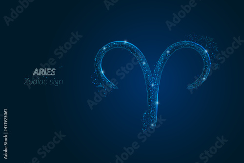 Abstract futuristic image of aries zodiac sign. Astrological horoscope characteristic. Polygonal vector illustration looks like stars in the blask night sky in spase. Digital low poly design.
