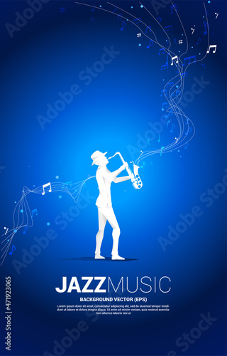 Vector silhouette of saxophonist with music melody note dancing flow . Concept background for jazz music concert and recreation.