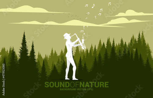 Vector silhouette of saxophonist with green forest. background concept for music for natural and spring time.