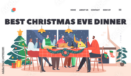 Christmas Eve Dinner Landing Page Template. Family Toasting with Wine at Xmas Night at Home Sit at Table in Living Room