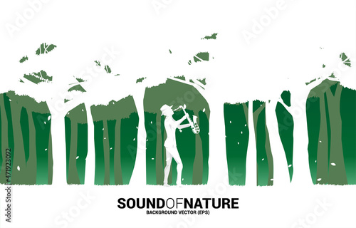 Vector silhouette of saxophonist in forest. background concept for music for natural and spring time.