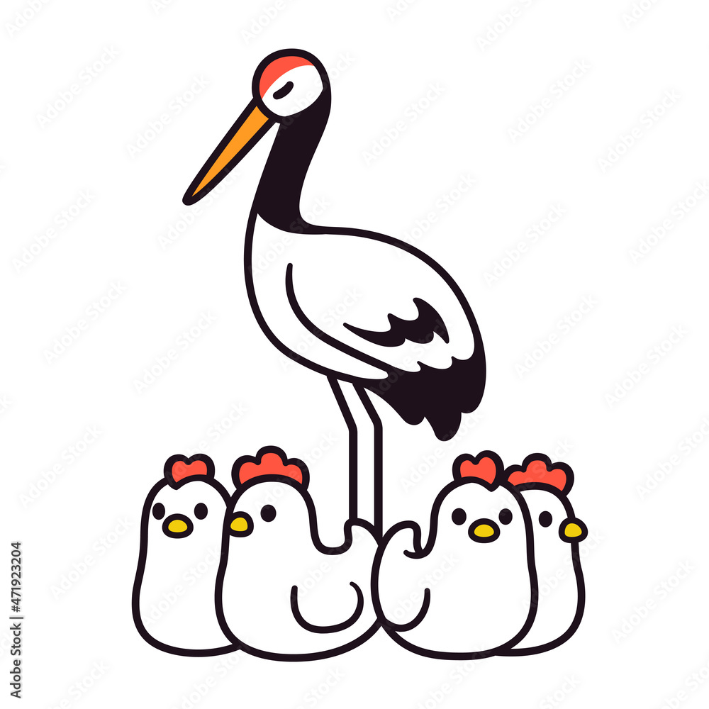 Fototapeta premium Cartoon crane standing among chickens
