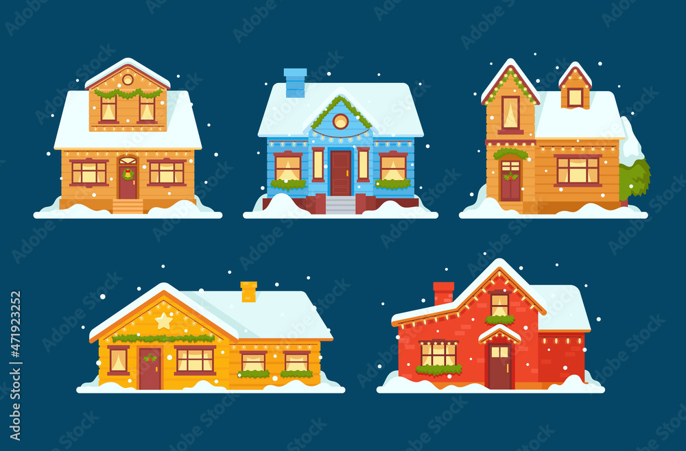 Christmas Private Houses, Dwellings Decorated for Xmas, Countryside Cottages with Garlands, Fir Tree Branches and Snow