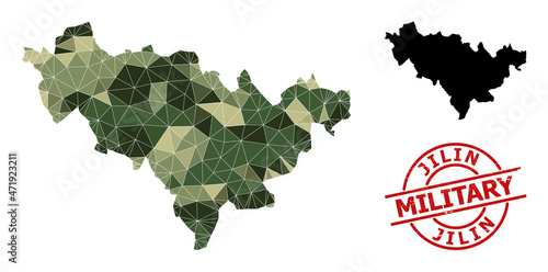 Low-Poly mosaic map of Jilin Province, and textured military stamp seal. Low-poly map of Jilin Province constructed from chaotic khaki filled triangles.
