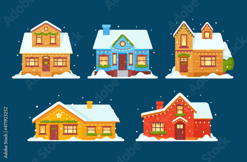 Christmas Private Houses, Dwellings Decorated for Xmas, Countryside Cottages with Garlands, Fir Tree Branches and Snow