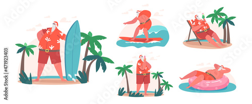 Santa Claus on Vacation. Christmas Character Traveling to Tropical Resort Surfing in Ocean, Relax with Ice Cream, Swim