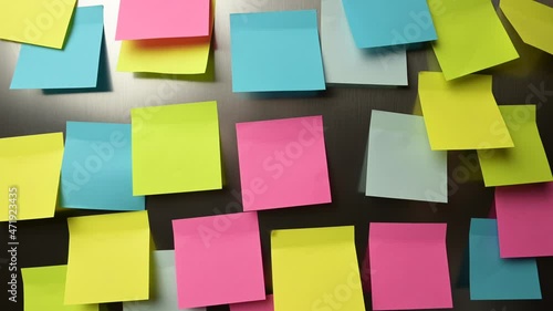 Young woman puts a sticker on the refrigerator, the camera zooms back and shows a large number of stickers on the refrigerator