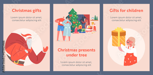 Big Happy Family Celebration Cartoon Posters, Parents and Kids Open Gifts, Celebrate Eve at Home near Christmas Tree