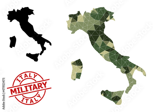 Low-Poly mosaic map of Italy, and grunge military stamp imitation. Low-poly map of Italy constructed from chaotic camo color triangles. Red round stamp for military and army concept illustrations,