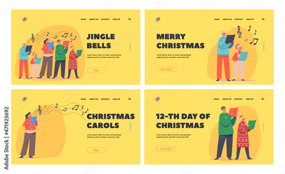 Xmas Carols Landing Page Template Set. Happy Children Christmas Characters in Santa Claus Hats and Knit Sweaters Singing