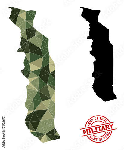 Lowpoly mosaic map of Togo, and unclean military stamp imitation. Lowpoly map of Togo designed of random camo filled triangles. Red round stamp for military and army abstract illustrations,