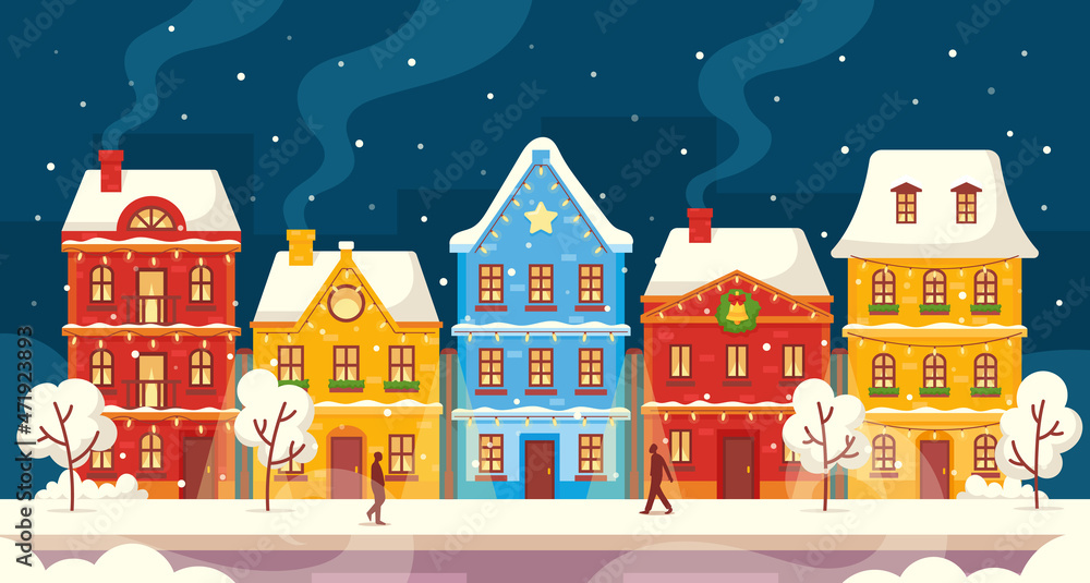 Winter City Houses, Night Town Street with Snowy Trees and Passerby Walk along Buildings Decorated with Garlands