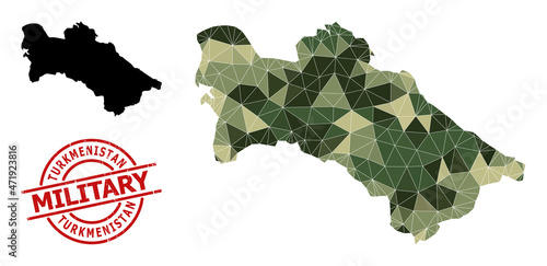 Low-Poly mosaic map of Turkmenistan, and rough military watermark. Low-poly map of Turkmenistan designed with randomized khaki filled triangles.