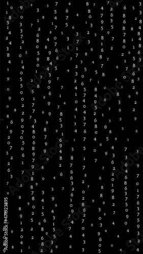 Falling numbers, big data concept. Binary white orderly flying digits. Ecstatic futuristic banner on black background. Digital vector illustration with falling numbers.