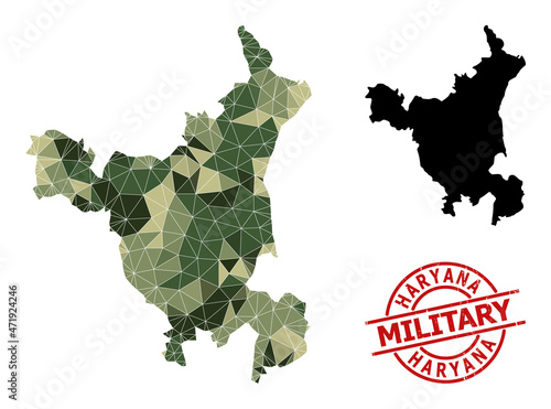 Low-Poly mosaic map of Haryana State, and scratched military stamp. Low-poly map of Haryana State is designed from scattered camo filled triangles.