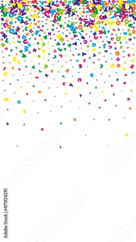 Falling letters of English language. Vivid flying words of Latin alphabet. Foreign languages study concept. Dazzling back to school banner on white background.