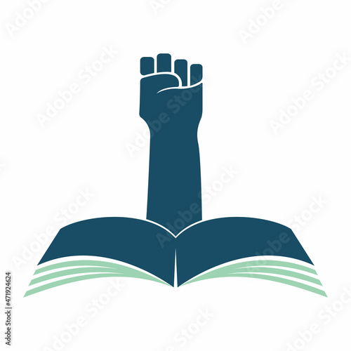 Fist combination with Book Logo Design Template. Revolution book logo concept.