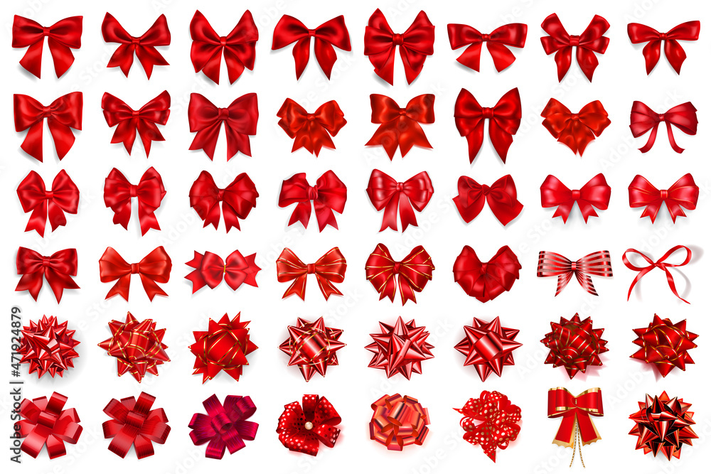 Set of 48 beautiful realistic big red bows of various shapes with shadows on white background. Vector illustration Set of 48 beautiful realistic big red bows of various shapes with shadows on white background. Vector illustration