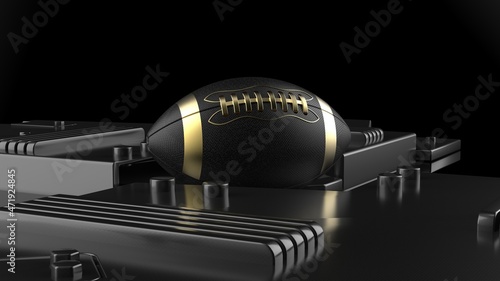 Black-gold american foot ball on carbon fiber mechanical plates under black-white lighting background. 3D illustration. 3D high quality rendering.