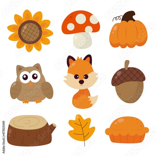 Hello autumn fall season collection of forest on white background. vector Illustration.