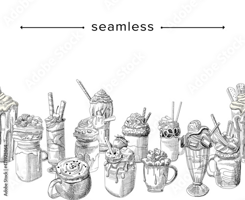 Sketch Sweet Cocktail and Drinks Seamless Doodle Background. Mugs with Chocolate, Sweets, Fruits, Berries and Sprinkles