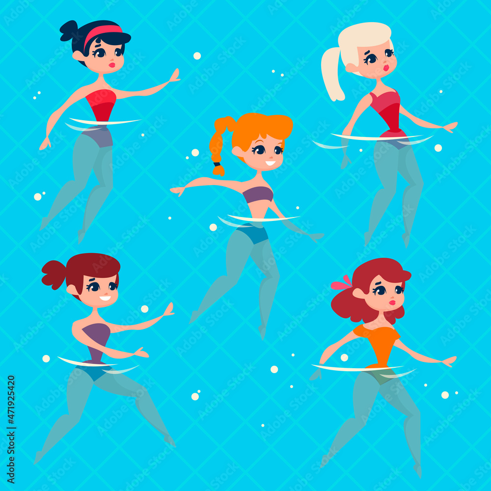 A group of girls are engaged on the background of the pool. Water aerobics with an instructor. Retro picture. Vector illustration in cartoon style.