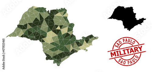 Lowpoly mosaic map of Sao Paulo State, and scratched military stamp print. Lowpoly map of Sao Paulo State constructed with random camo filled triangles.