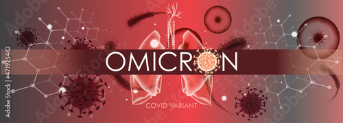 Omicron variant banner for awareness or alert against epidemic disease spread, symptoms or precautions. Covid-19 Corona virus design with infected lungs, viral microscopic germs view data background.