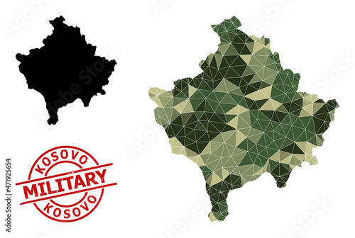 Lowpoly mosaic map of Kosovo, and scratched military stamp. Lowpoly map of Kosovo designed from chaotic khaki color triangles. Red round stamp for military and army abstract illustrations,