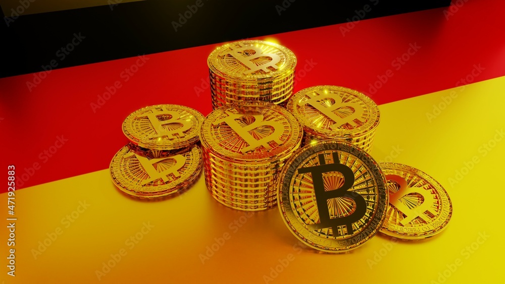 Photorealistic image of Isolated Bitcoin blockchain electronic cryptocurrency money for trade and exchange without bank for financial purpose and online trading placed on flag of Germany