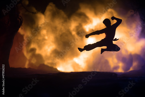 Karate athletes fighting scene on boxing ring with red ropes. Character karate. Posing figure artwork decoration. Sport concept. Decorated foggy background with light. Selective focus