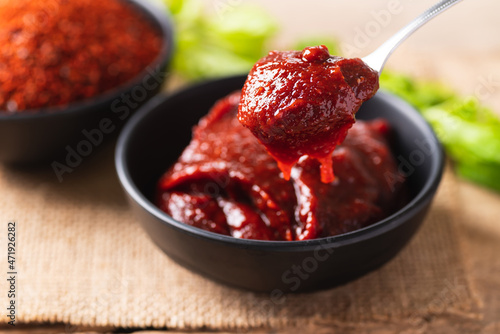 Korean gochujang (red chili paste), spicy and sweet fermented condiment in Korean food photo