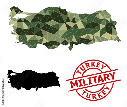 Triangulated mosaic map of Turkey, and textured military stamp imitation. Low-poly map of Turkey is combined with random camo color triangles.
