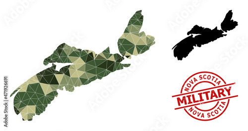 Triangle mosaic map of Nova Scotia Province, and scratched military stamp print. Low-poly map of Nova Scotia Province is designed of scattered camo colored triangles. photo
