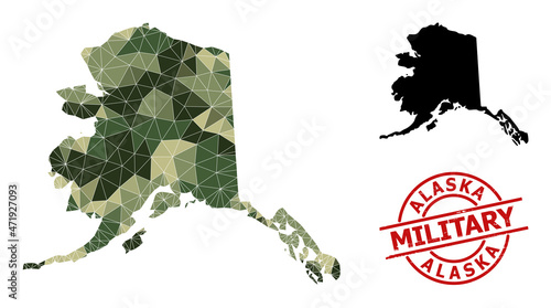 Lowpoly mosaic map of Alaska State, and grunge military stamp seal. Lowpoly map of Alaska State is combined of randomized camo filled triangles.
