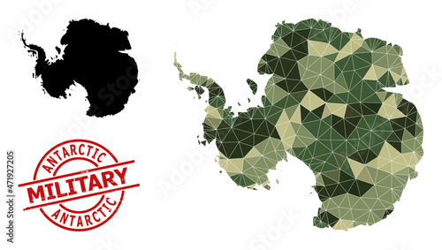 Low-Poly mosaic map of Antarctica, and scratched military stamp. Low-poly map of Antarctica is combined of scattered camouflage colored triangles.
